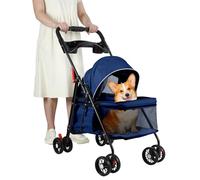 Folding Pet Stroller for Small Dogs and Cats, Lightweight Dog Pram with One Hand Fold, Breathable Mesh, Cup Holder, 360° Wheels, Rear Brakes, Anti Escape Leash, Up to 7.5 kg (Blue)