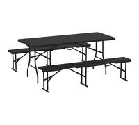Folding Picnic Table Set 180x74cm Black HDPE Rattan Effect 3-Piece Bench Compact