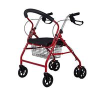 Folding Rolling Adjustable Arms for The Elderly Portable Trolleys with Four Wheels Can Be Pushed and Seated Mobility Aid Red (A)