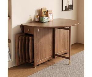 Folding Round Dining Table Set with 4 Chairs Space-Saving Drop Leaf Kitchen Table Storage Cabinet & Drawer Compact 100cm Dining Room Furniture