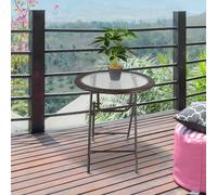 Folding Round Tempered Glass Metal Table with Brown Rattan Edging, Brown