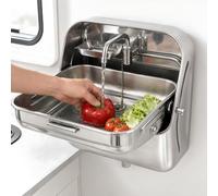 Folding RV Sink with Faucet, Stainless Steel Wall Mounted Hand Wash Basin, Compact Single Bowl Camper Sink for Caravan, Boat, Motorhome, Food Truck and Small Spaces