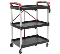 Folding Service Cart, 3 Tier Plastic Utility Trolley, Tool Trolley on Wheels, Heavy Duty Rolling Utility Storage Cart, Kitchen & Canteen Cart with Lockable Wheels & 2 Handles,Black+red