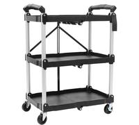 Folding Service Cart, 3 Tier Plastic Utility Trolley, Tool Trolley on Wheels, Heavy Duty Rolling Utility Storage Cart, Kitchen & Canteen Cart with Lockable Wheels & 2 Handles,Black