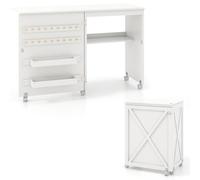 Folding Sewing Table with Lo Wheels Rolling Drop Leaf Design Craft Desk & Shelves 18 Pegs Sewing Wortat for Home or Office (White)