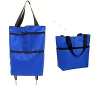 Folding shopping bag, supermarket trolley with two lightweight folding wheels, reusable Oxford cloth, large capacity ultra-light portable shoulder backpack, shopping bag must-have at home (blue)
