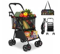 Folding Shopping Cart with 2-Tier Storage, Grocery Collapsible Trolley with Detachable Basket and 360° Swivel Wheels, One-hand Folding, Portable Personal Shopping Carts for Shopping, Laundry, Camping