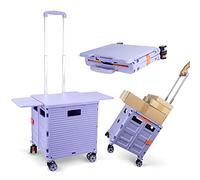 Folding Shopping Cart with Retractable Magnetic Table, Heavy Duty 55kg, Portable and Foldable Plastic Transporter, Adjustable Handle, 360° Rotating Wheels, Ideal for Camping, and Storage - Purple