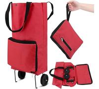 Folding shopping cart with two lightweight folding wheels, supermarket trolley, Oxford cloth bag reusable folding bag large capacity ultra-light handbag, travel camping home essential artifact (red)