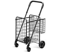 Folding Shopping Trolley on Wheels, Height Adjustable Metal Grocery Utility Cart with Back Basket & Foam Covered Handle, Portable Luggage Utility Push/Pull Carts (Silver