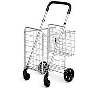 Folding Shopping Trolley on Wheels, Height Adjustable Metal Grocery Utility Cart with Back Basket & Foam Covered Handle, Portable Luggage Utility Push/Pull Carts (Silver