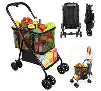Folding Shopping Trolley with 2-Tier Storage, Multi Use Grocery Carts with 360° Wheels & Removable Tote Bag for Shopping Laundry, Camping Gear etc