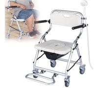 Folding Shower Chair with Front Locking Wheels, Bedside Commode Transport Rolling Bath Chair for Handicap, Seniors & Injured, Aluminum Mobile Toilet Wheelchair (White 64X55X88cm)
