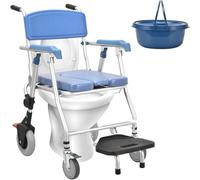 Folding Shower Chair with Wheels, Waterproof Toilet Chair Shower Chair with Locking Wheels, Arms and Back, Foldable Commode Toilet Chair, Bedside Commodes, Portable Wheelchair Shower (Blue, A)