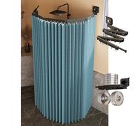 Folding Shower Rod and Curtain Set, Wall Mount Corner Shower Curtain Rod & Water Resistant Curtain, Suction Cup Fixation, Space Saver, for Bathroom Bathtub