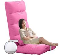 Folding Sofa Chair Five Levels Adjustable Backrest Lazy Sofa Bed 18-Position with Pillow Single Padded Lounge Floor Chair Lazy Sofa Bed (7 grid pink + waist pillow)