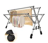 Folding Stainless Steel Clothes Airer Rack, Movable Laundry Drying Rack with 4 Castors, Retractable Outdoor Drying Racks, Silver, 1.352m for Efficient Drying