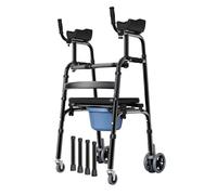 Folding Standard Walker with Removable Armrest and Toilet Bucket,Folding Walker with Wheels and Seat,Wheeled Rolling Rehabilitation Auxiliary Walking Aid for Senior