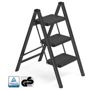 SONGMICS Step Ladder, Folding Step Stool, 3-Step Foldable Ladder, Holds up to 150 kg, Steel, Heavy-Duty, Easy Storage for Home and Office, 73.5 x 43.4 x 85.5 cm, Black GSL103BZ01