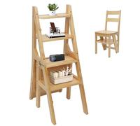 Folding Step Stool Ladder with Seat, 4 Steps Pine Wood, 100kg Capaci, Adjuble Height for Kitchen, Library & Home, Space-Saving Design (Natural Wood Color)