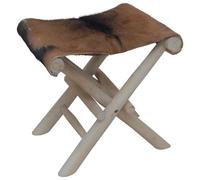 Folding Stool Natural Goatskin & Teak 48x40x45cm Rustic Foldable Seat 110kg Load