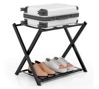 Folding Suitcase Stand Metal Luggage Rack Holder With Shelf & Belts Gymax Black One Size