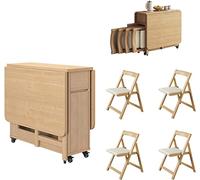 folding table and chairs,drop leaf table,dining table and chairs set 4,space saver table and chairsWood Extendable Table Dining,Adjustable Moveable Kitchen Desk Table Wheels(Wood color140x80cm)