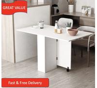 Folding Table Mobile Drop Leaf Dining Wheel Storage Shelves White Kitchen