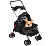 Folding Travel Stroller, 4 Wheels Heavy Duty Pet Pram Doggy Pushchair with Cup Holder, Adjustable Canopy, Large Storage Basket & Visible Mesh, Pet Stroller for Small to Medium Dogs & Cats