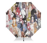 Folding Travel Umbrella Colourful Cartoon Horses Windproof Inverted Compact Umbrella for Rain Sun Large 8 Ribs UV Umbrella Automatic for Men Women
