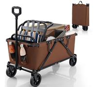 Folding Trolley Cart, 170L Garden Festival Wagon with Adjustable Handle, 2 Cup Holders and Storage Pocket, Outdoor Transport Pull Along Carts for Camping (Brown)