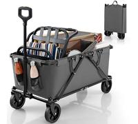 Folding Trolley Cart, 170L Garden Festival Wagon with Adjustable Handle, 2 Cup Holders and Storage Pocket, Outdoor Transport Pull Along Carts for Camping (Grey)