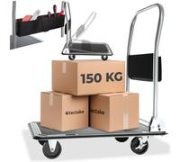 tectake® Platform Trolley with 300 kg Load Capacity, Foldable Handle, Storage Pocket, 4 Castors & 2 Lockable Brakes, Robust Steel, Folding Trolley on Wheels for Warehouse, Moving, Office, Garden