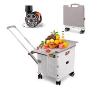 Folding Utility Cart 55L/176lbs, Flat-Pull Trolley, Magnetic Sliding Lid | Telescoping Handle, 3 Levels, 360° Swivel Wheels, Rear Brakes, Removable Wheels, Foldable, Shopping, Travel, Camping, White