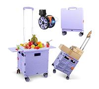 Folding Utility Cart Portable Rolling Crate Handcart with Magnetic Sliding Lid Telescoping Handle Heavy Duty Plastic Box Dolly 360°Swivel Wheels for Travel Shopping Move Office Teacher Use(Purple Pro)