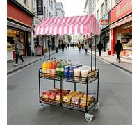 Folding Vendor Cart with Canopy - 2-Tier Food Display nd, Lockable Wheels, Heavy-Du Square Tube, Perfect for Farmers Markets, Street Fairs & Outdoor Events, Black, 35.4in