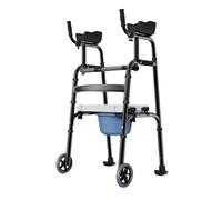 Folding Walker with Removable Armrests and Toilet Bucket, Height Adjustable Foldable Walker with 5" Solid Wheels, Front Wheeled Mobility Aid for Elderly