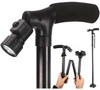 Folding Walking Cane with Adjustable LED Lights T Handle Pivoting Quad Base Portable Walking Stick For Men/Women