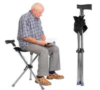 Folding Walking Stick Seat - Adjustable Aluminium Cane Chair with Built-In Seat for Elderly & Adults, Lightweight Portable Support Stool - Black