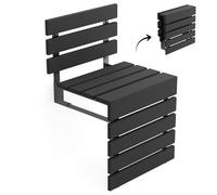 Folding Wall Mounted Teak Wood Shower Seat with Backrest, Water Resistant Foldable Bathroom Stool with Legs, Premium Materials Handmade Shoe Changing Bench, Space Saving and Super Safe Chair (Black)