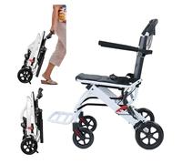 Folding Wheelchair Lightweight Portable Transit Travel Chair for Adults, Ergonomic Design with Adjustable Safety Strap, Carbon Steel Frame, PU Wheels, Smooth Ride, 8.2KG Weight, 90kg Capacity (White)