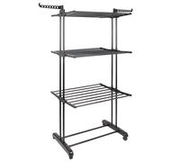 Harbour Housewares Folding Metal Wheeled Clothes Airer - 4-Tier - Black, Compact Foldable Laundry Rack, Shoe Rack & Hanger Hooks, Durable Powder-Coated Steel