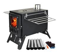 Folding Wood Burning Camp Stove with 5 Chimney Pipes for Outdoor Use | Portable Cooking Kit with Insulated Handle and Drying Rack, Perfect for Camping, Outdoor BBQ, and Travel