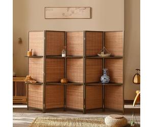 Folding Wood Privacy Screen Room Divider with Clever Shelf, Freestanding Portable Partition for Home Office, Study, Art Display
