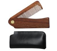 Folding Wooden Beard Comb with Carrying Pouch - Natural Hair and Moustache Grooming Tool for Men and Women - Portable Travel Gift