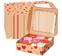 FoldTier 100 Pcs Kraft Valentine's Day Cookie Boxes with Window Bulk 9 x 9 x 2.5 Inch Red Heart Bakery Gift Boxes for Valentine Party Favors Gift Giving