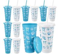 FoldTier 12 Pcs 24 oz Blue Bow Starfish Seashell Plastic Cups with Lid Straw Bulk Gift Ocean Nautical Beach Tumbler Blue Coastal Reusable Coffee Cups for Wedding Birthday Baby Shower Party Supply