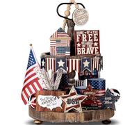 FoldTier 18 Pcs 4th of July Tiered Tray Decor Set Rustic Patriotic Independence Day Decoration Glow Vintage Farmhouse Memorial Day Tiered Tray Sign Wooden Red White Blue Decor for Table (Vintage)