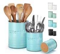 FoldTier 2 Pack Kitchen Utensil Holder for Counter 6.7"+4.7" Farmhouse Cooking Utensil Crock with Cork Bottom Modern Farmhouse Decors Countertop Storage Organizer Caddy Housewarming Gift(Turquoise)