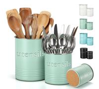 FoldTier 2 Pack Kitchen Utensil Holder for Counter 6.7"+4.7" Farmhouse Cooking Utensil Crock with Cork Bottom Modern Farmhouse Decors Countertop Storage Organizer Caddy Housewarming Gift(Sage Green)